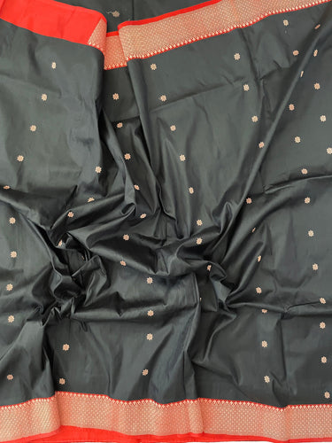 Banarasi Katan Silk Saree | Black & Red | Handwoven | Silk Mark | Ships from California